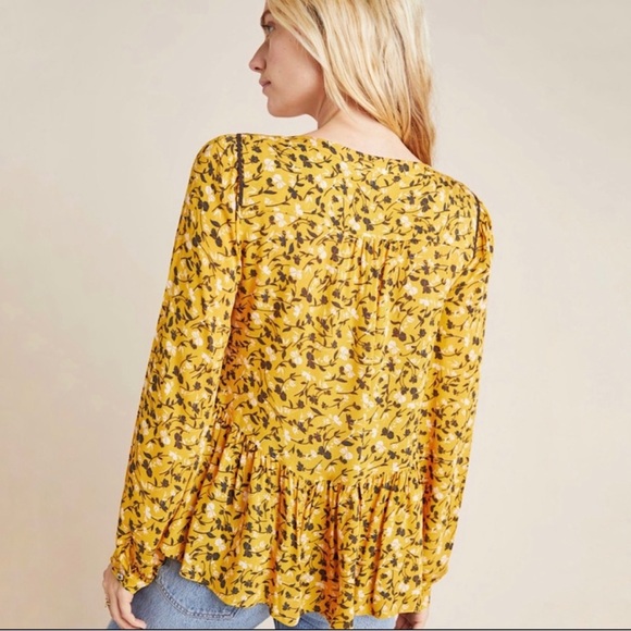 🥳HP🥳 Anthropologie Cheyenne Yellow Gold Floral Peplum Swing Boho Blouse - Picture 2 of 13